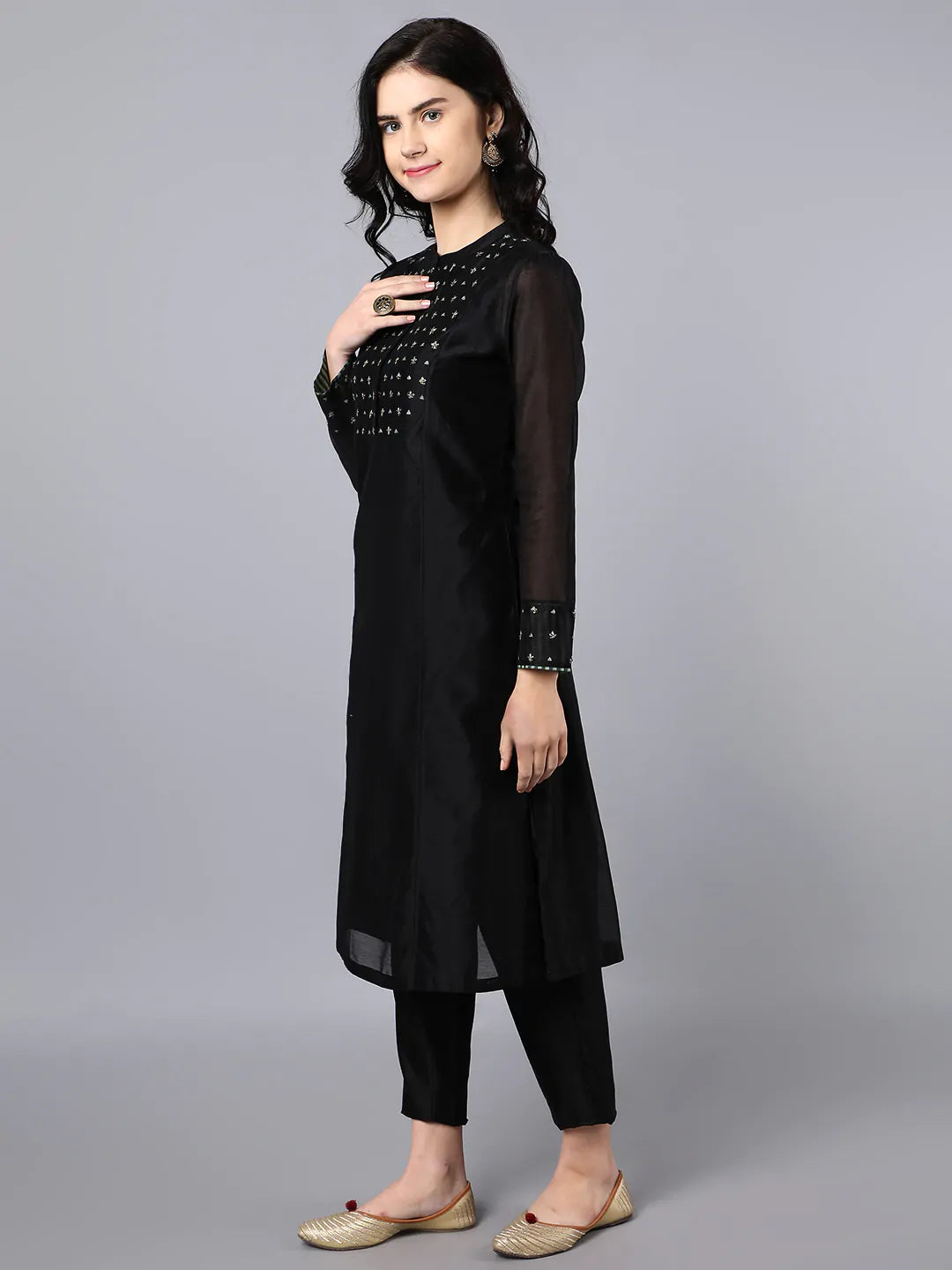 Chanderi kurta black with hand embroidery on yoke