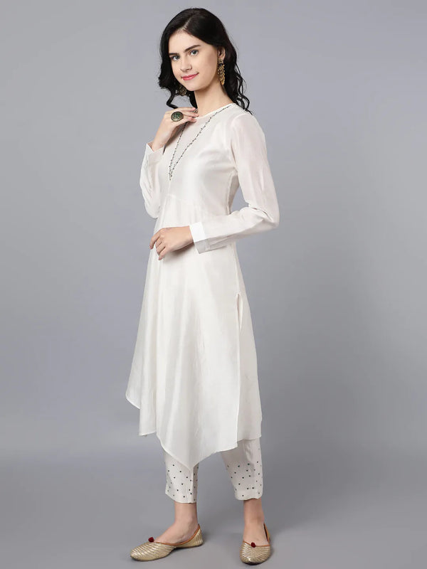 Chanderi Asymetric Kurta Ivory with hand embroidery on neck