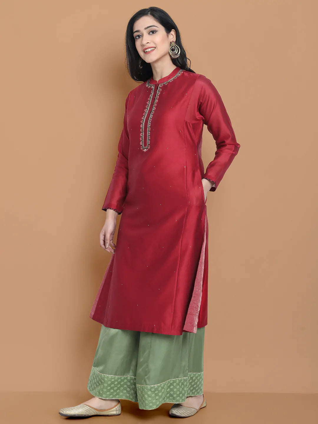 Hand embroidered silk chanderi kurta made on two tone chanderi , paired with modal satin wide farshi , highligted with hakoba lace
