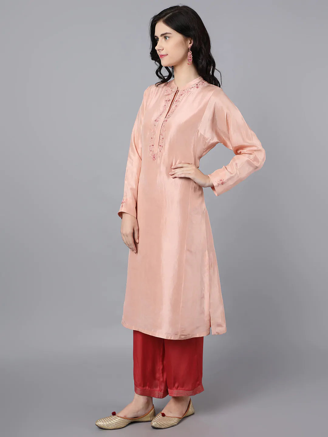 Cupro Silk Kurta with embroidery around placket paired with modal satin farshi