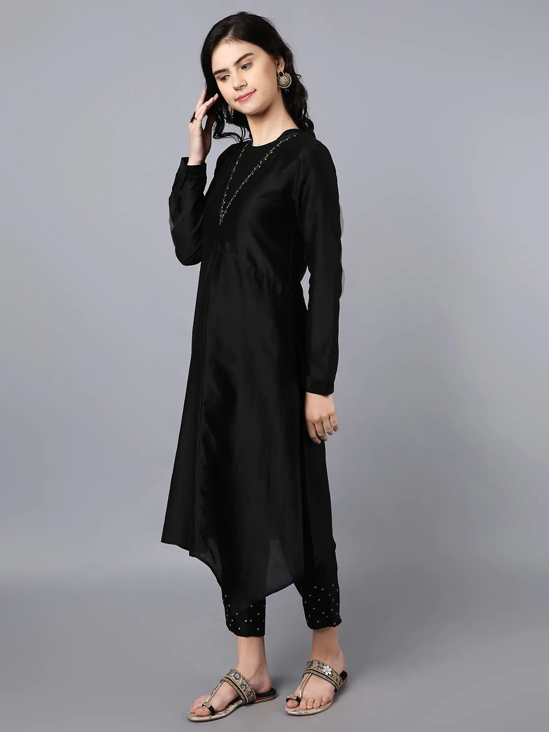 Chanderi Asymetric Kurta Black with hand embroidery on neck