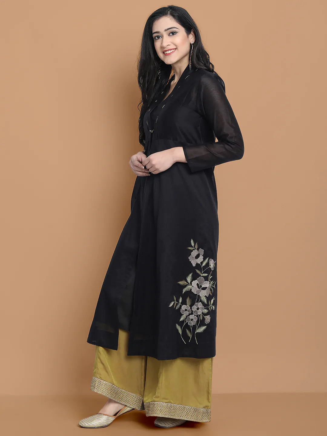 Hand and Machine embroidered front open kurta made on silk chanderi , paired with inner kurta and wide farshi in modal satin