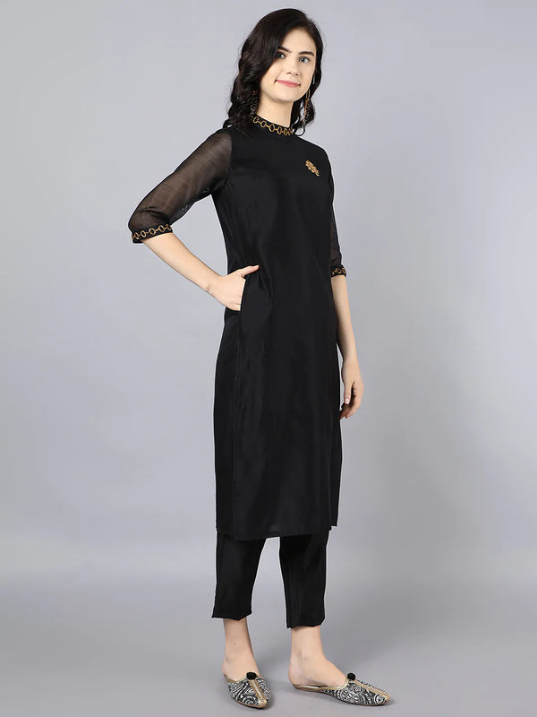 Chanderi kurta with dabka embroidery at neck and sleeves Paired with cotton pencil pant