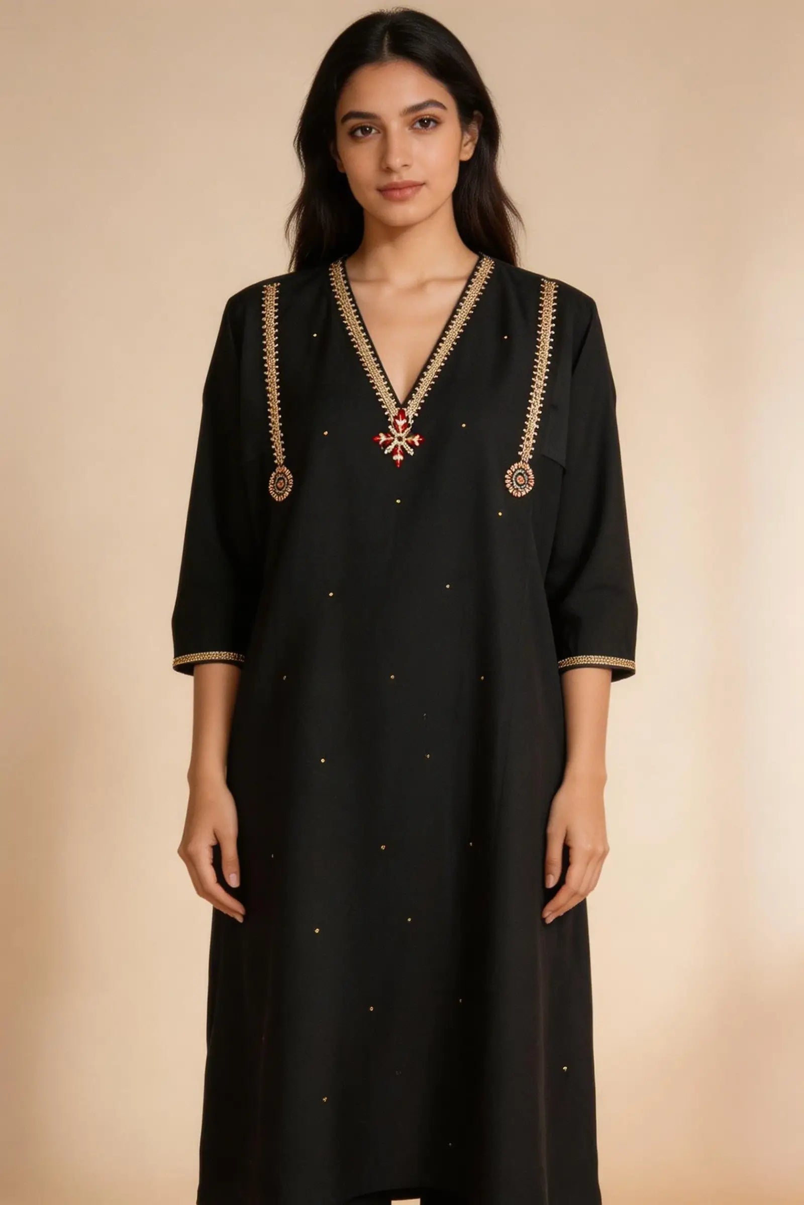 Cotton Black Kurta With Zari Embroidery