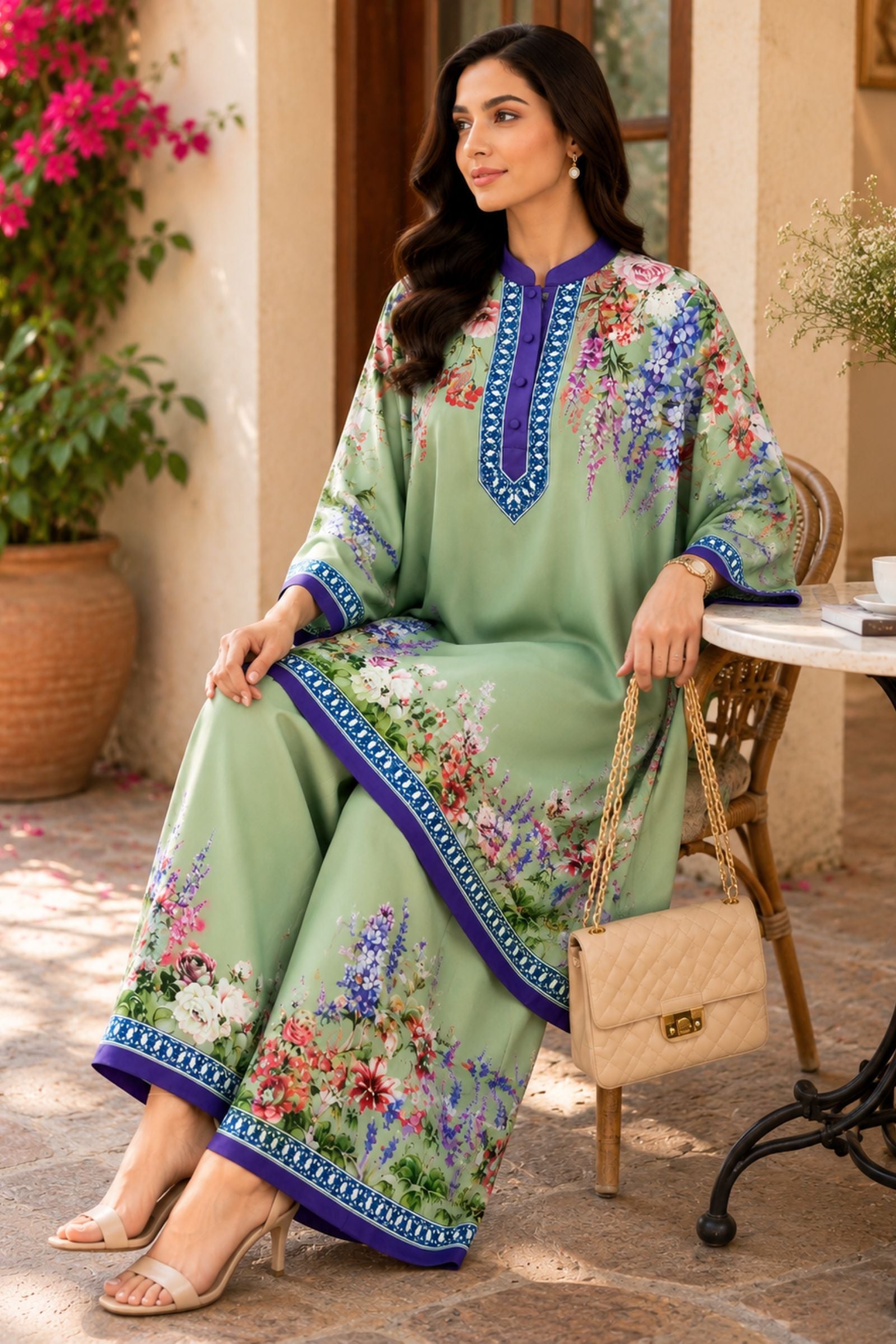 Alaya Mint green crepe kaftan set
