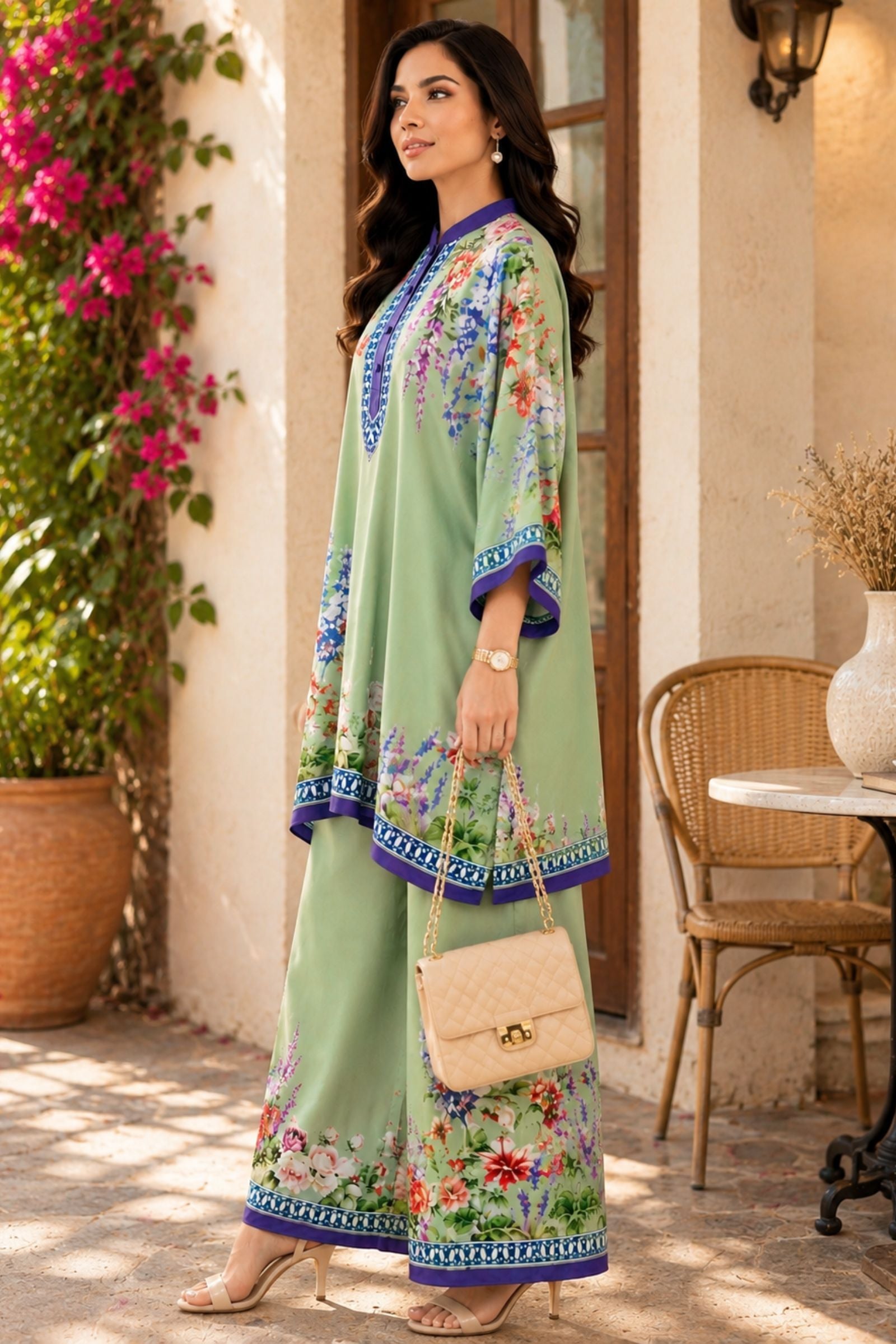 Alaya Mint green crepe kaftan set