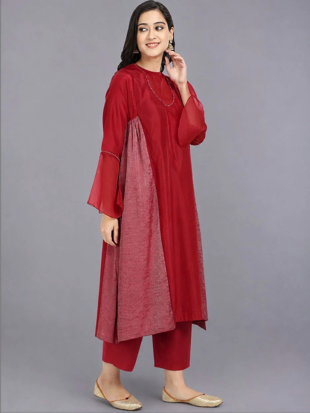 Red Pure Cupro silk Kurta accentuated with Kantha and Swaroski at the Neck Round