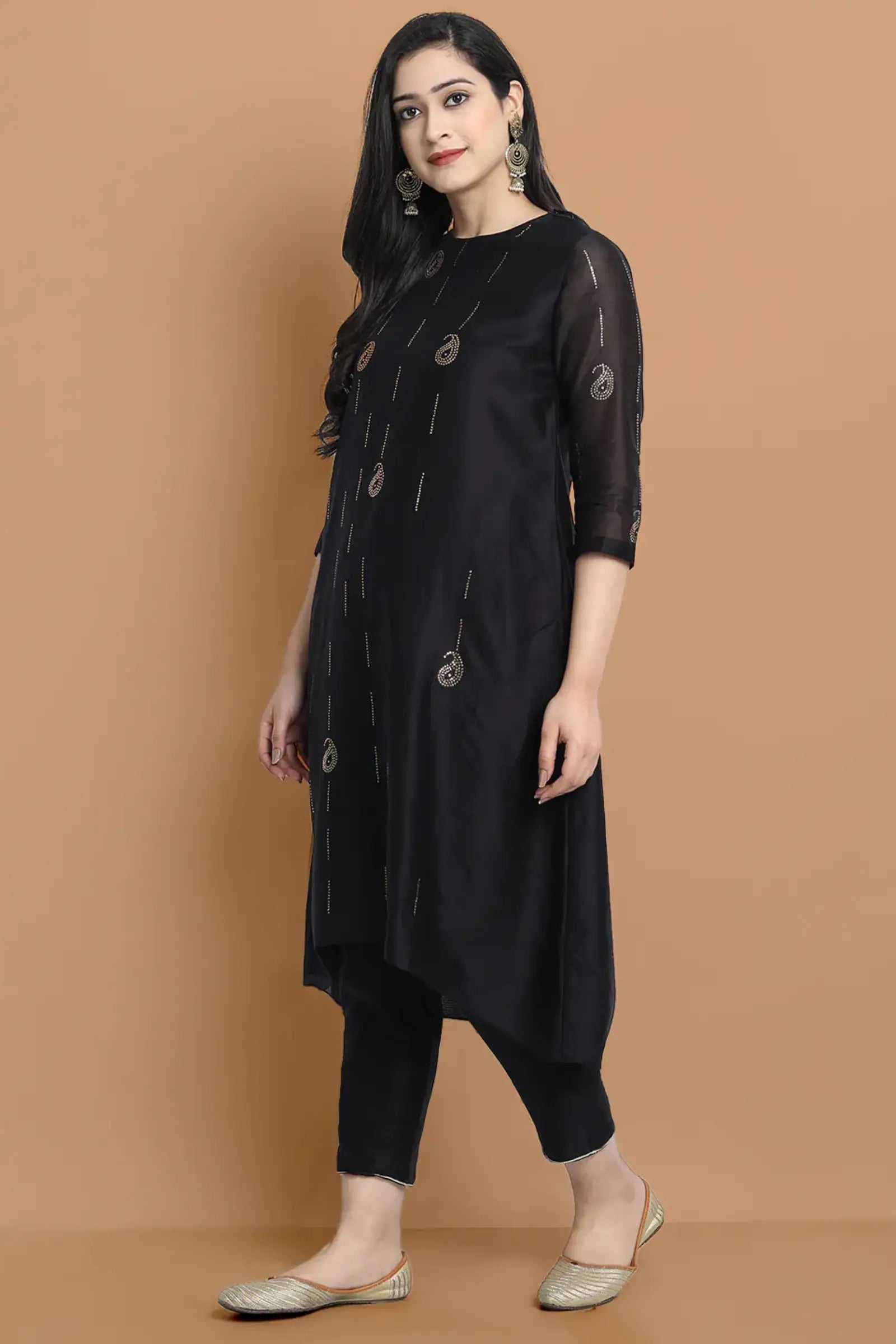 Yarn dyed cupro silk chanderi kurta highligted with mukaish hand work all over , paired with cotton trouser and zari chanderi net dupatta