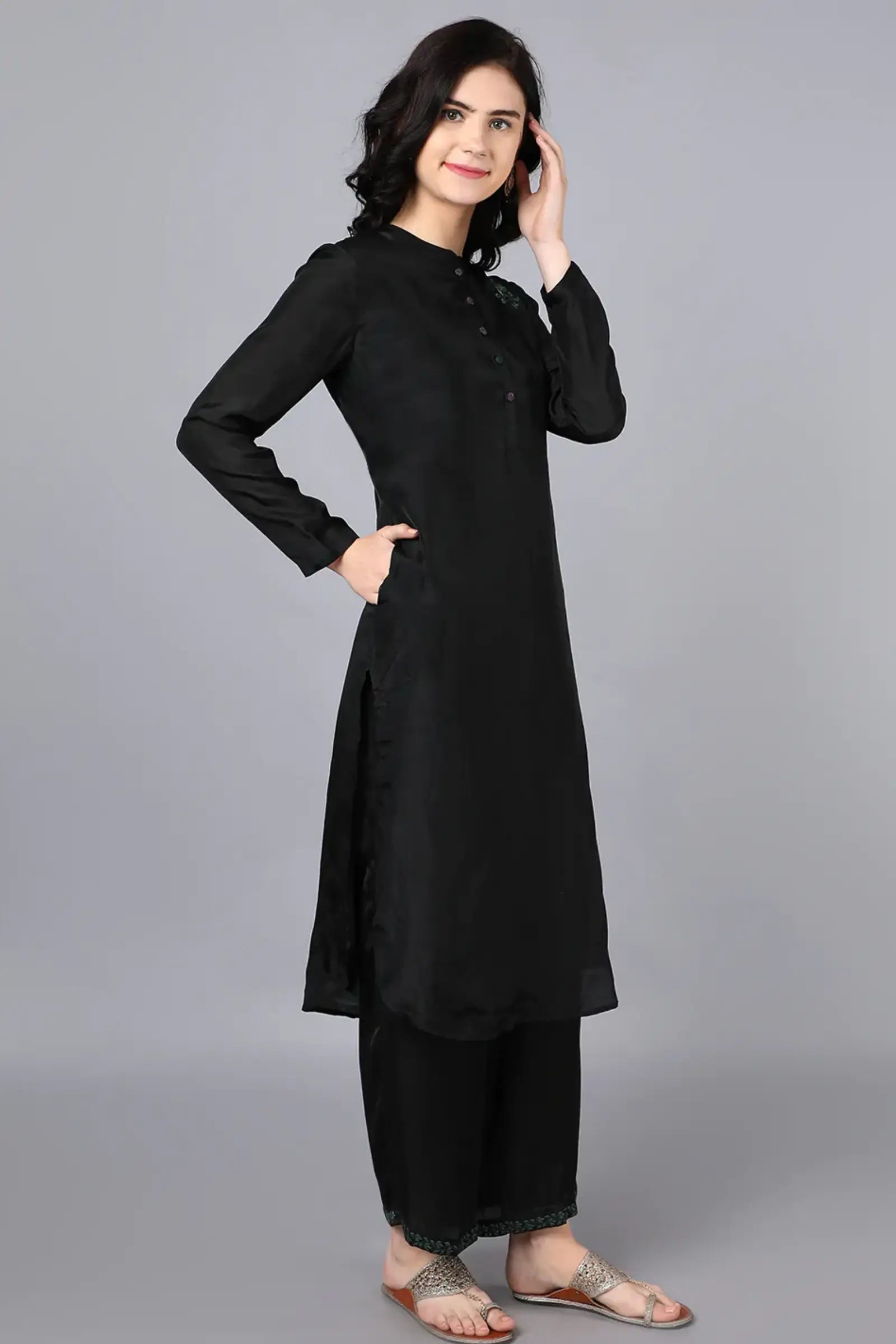 Chanderi kurta black with hand embroidery on yoke paired with black trouser