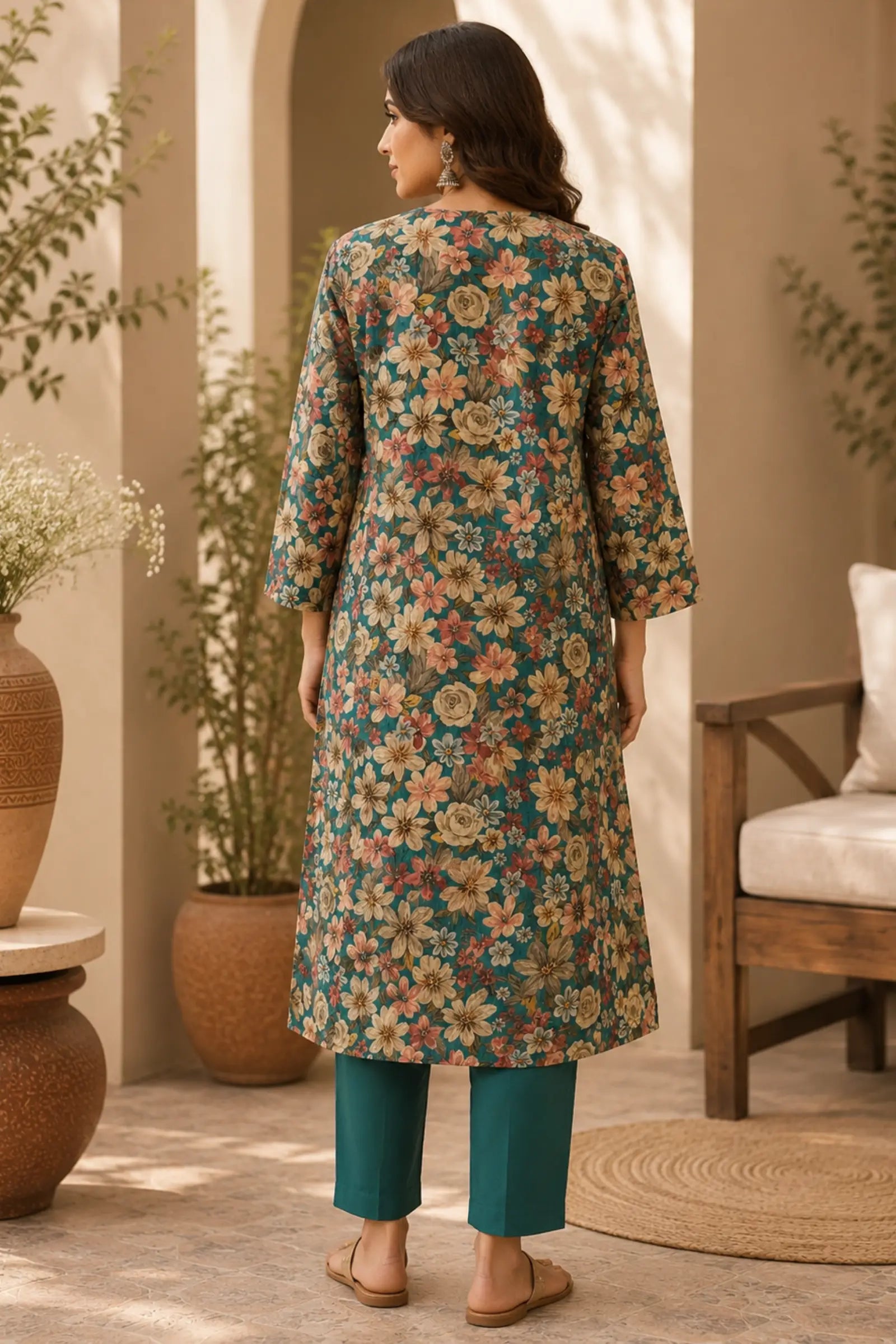 Ekiya Cotton Teal Blue Floral Print Kurta Set