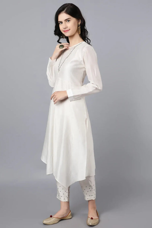 Chanderi Asymetric Kurta Ivory with hand embroidery on neck