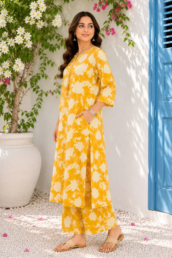 Bina Cotton Mustard Yellow Floral Print Kurta Set