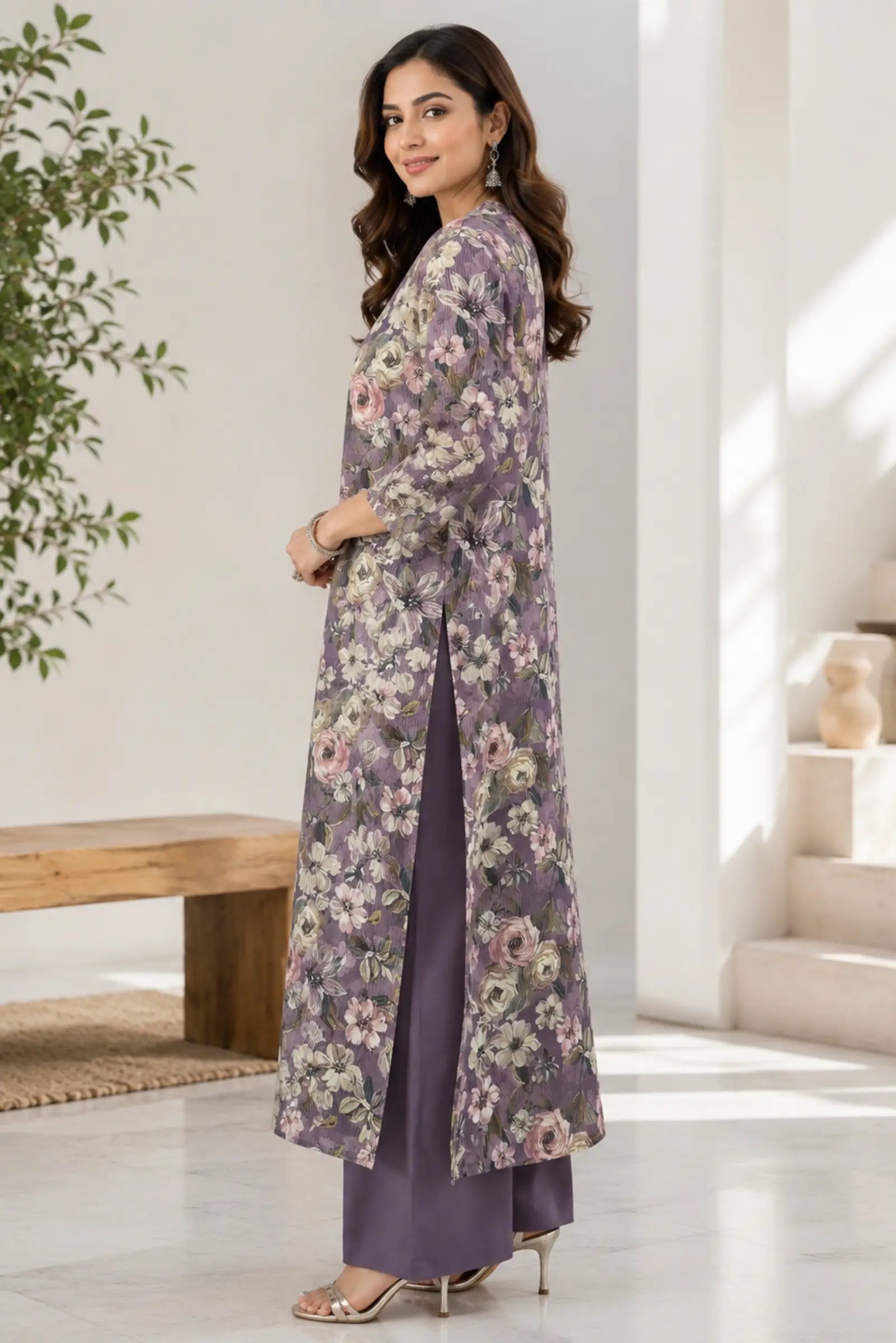 Darika Cotton Lavender Floral Print Kurta Set