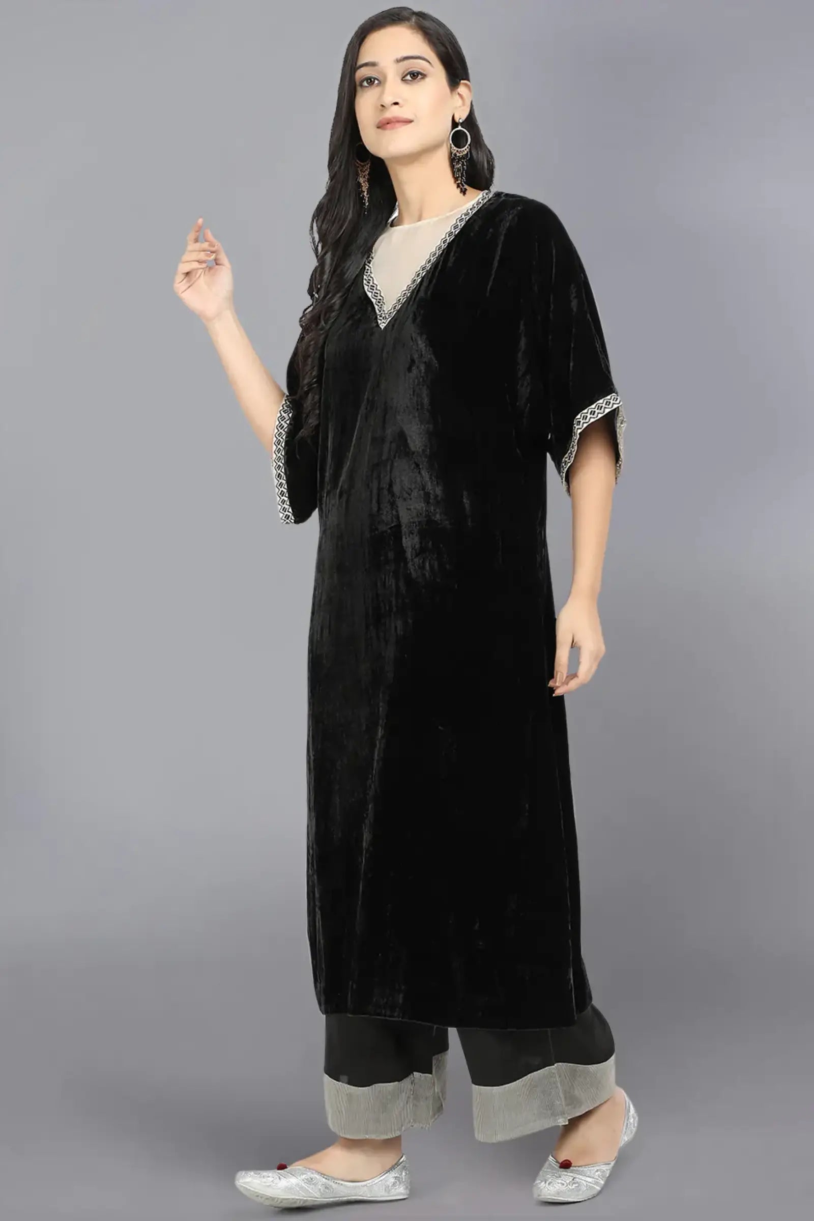 Velvet kurta with organza at neck with embroidery on sleeves and neck