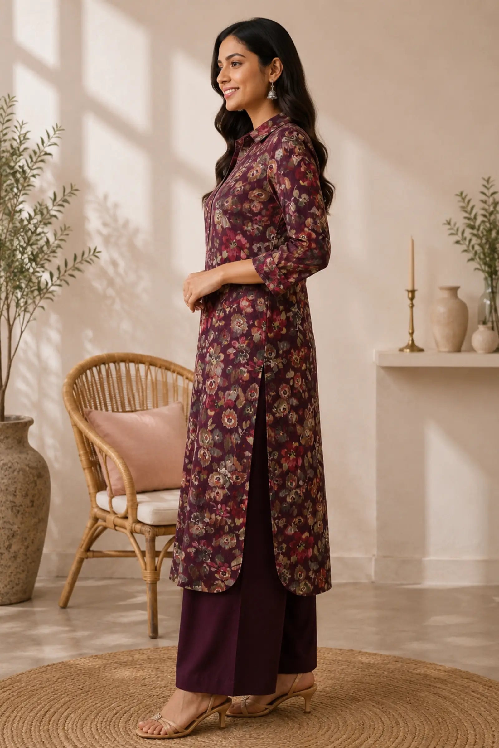 Edha Cotton Purple Floral Print Kurta Set