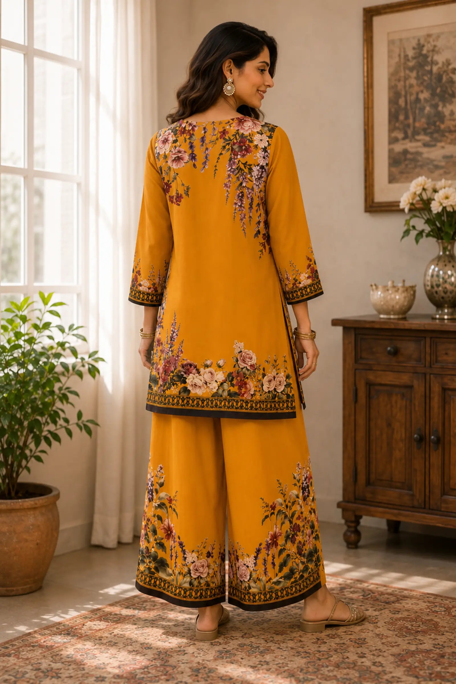 Navridhi Mustard Flower Print Co-Ord Set
