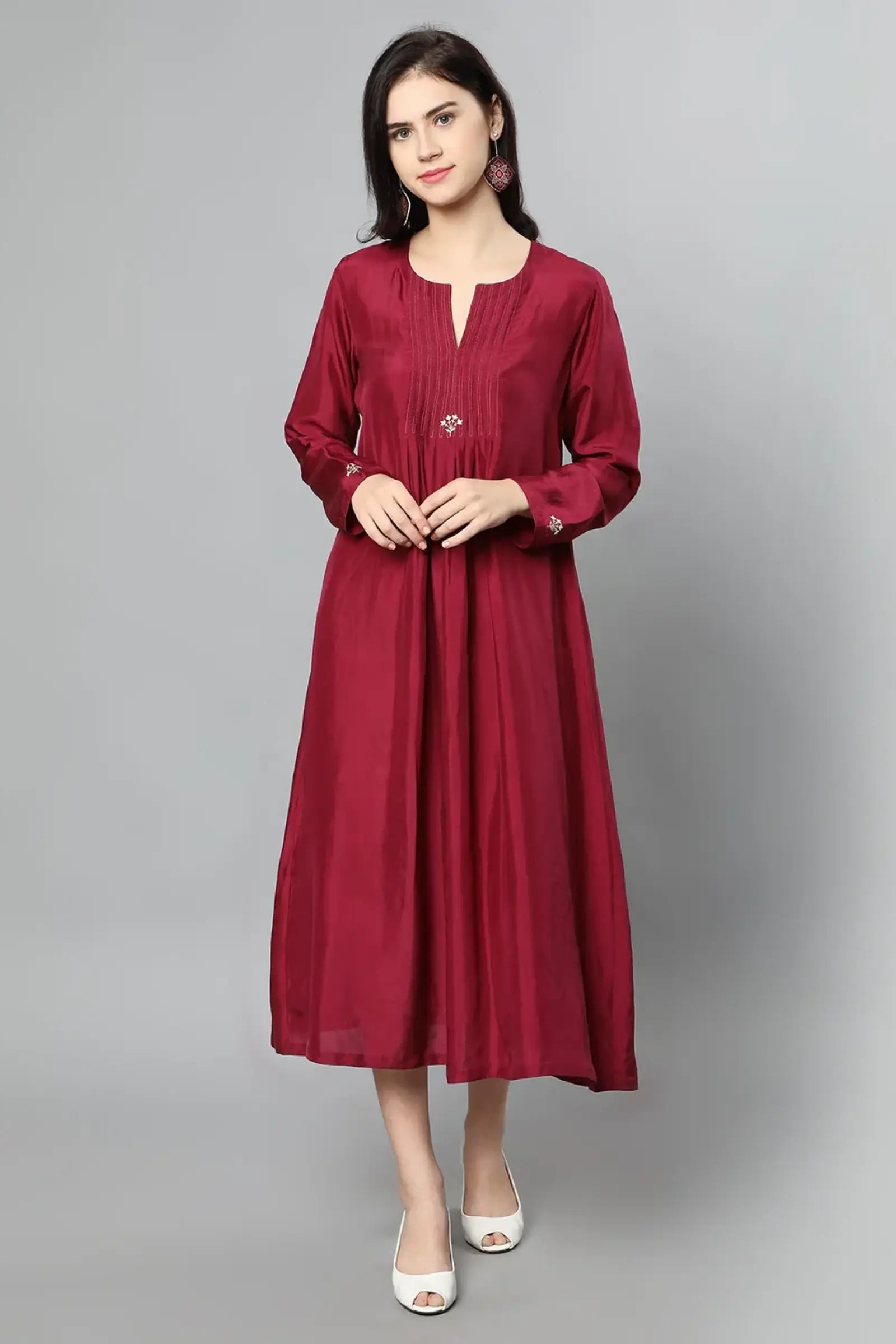 100%Cupro Silk Textured wine Dress with Floral embroidery on yoke and sleeves