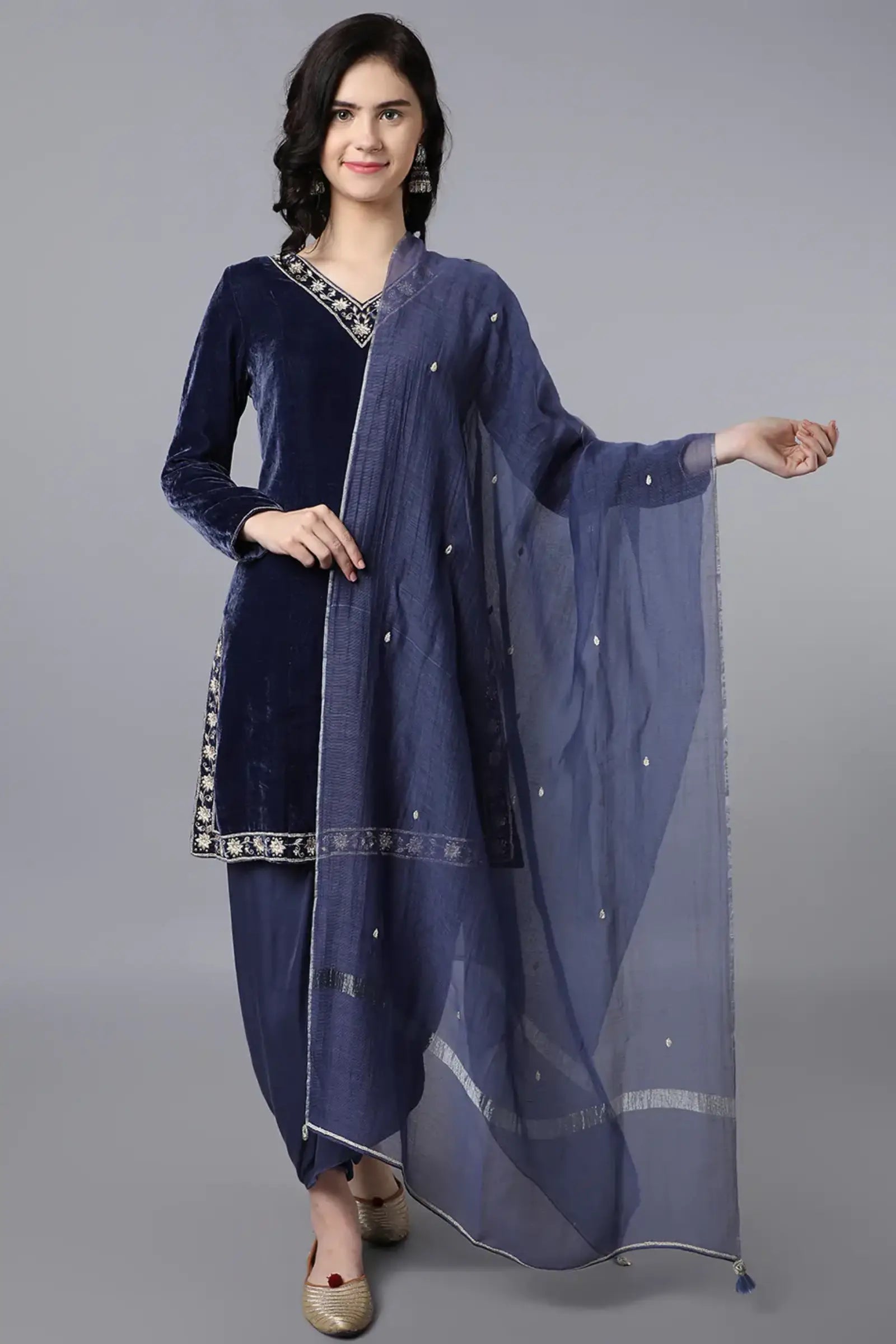 Kurta-viscose velvet + Bottom-bamber satin + Dupatta-chanderi net