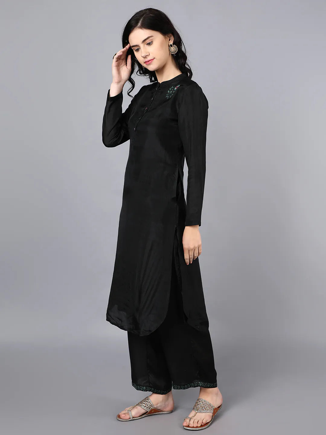 Chanderi kurta black with hand embroidery on yoke paired with black trouser