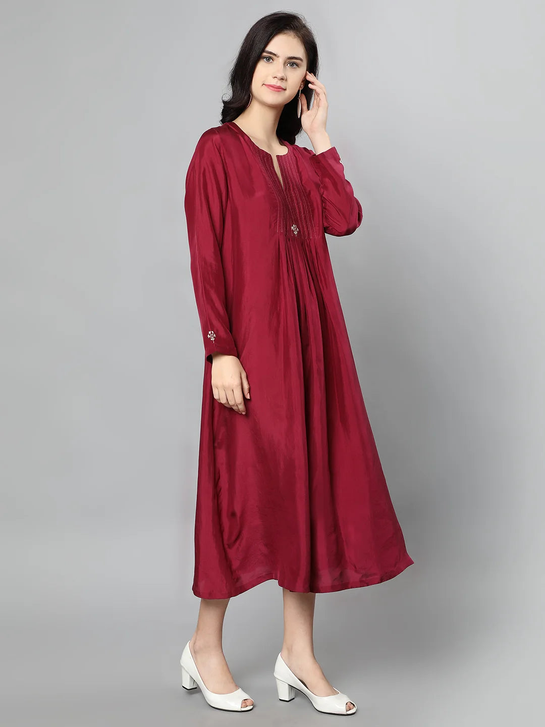 100%Cupro Silk Textured wine Dress with Floral embroidery on yoke and sleeves
