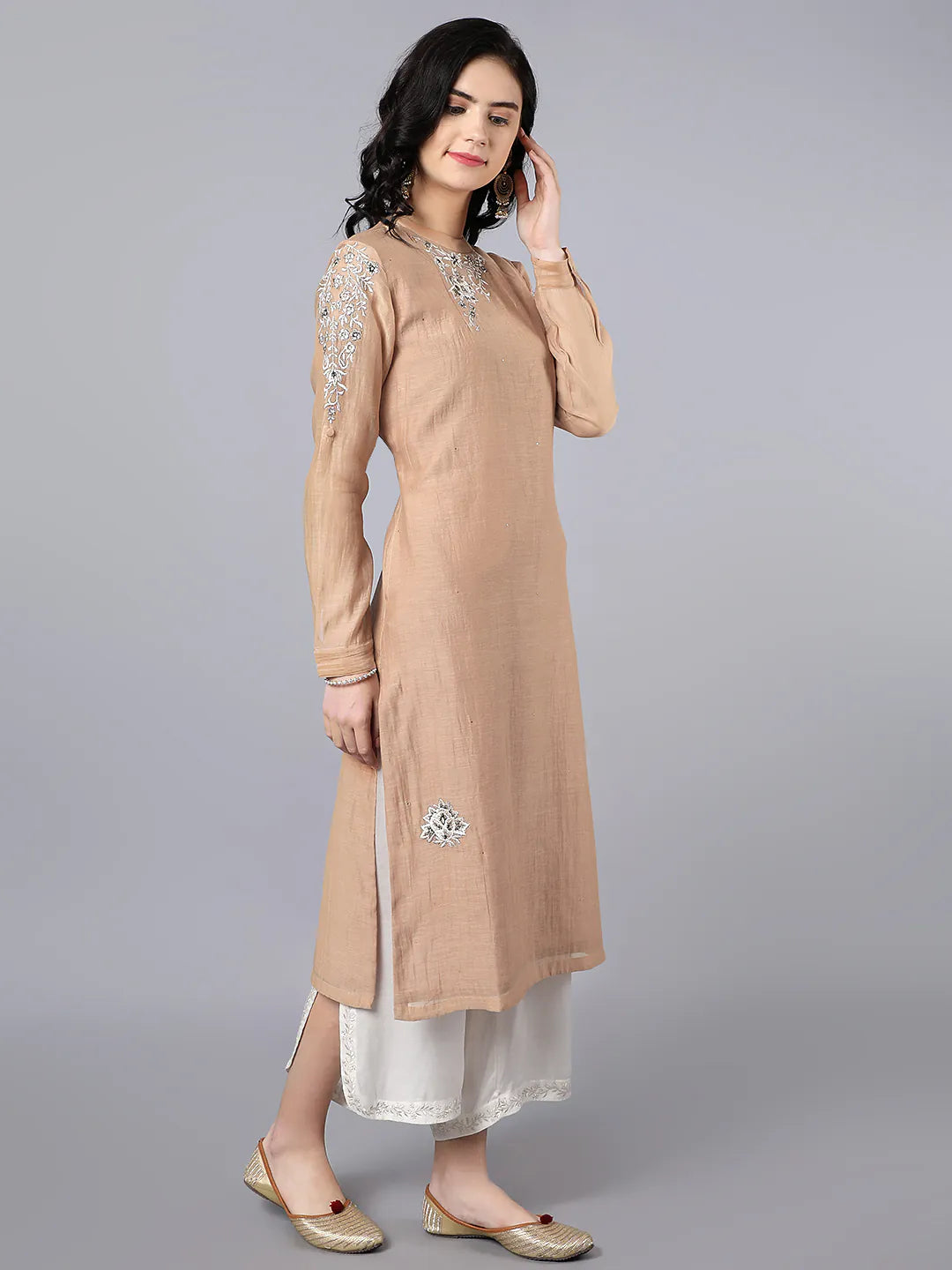 Chanderi kurta with resham and badla embroidery Paired with Ivory palazzo in modal satin