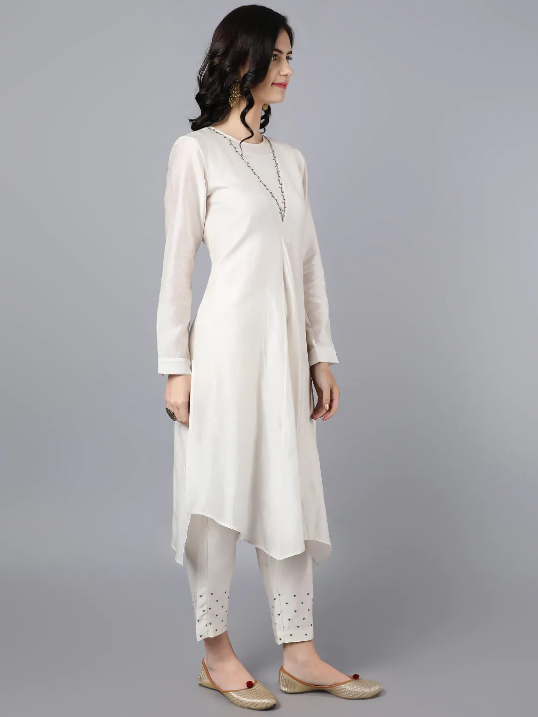 Chanderi Asymetric Kurta Ivory with hand embroidery on neck