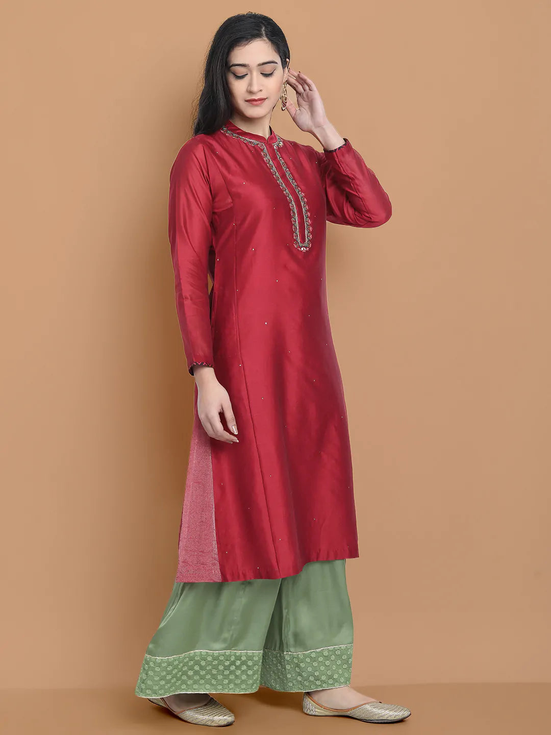 Hand embroidered silk chanderi kurta made on two tone chanderi , paired with modal satin wide farshi , highligted with hakoba lace