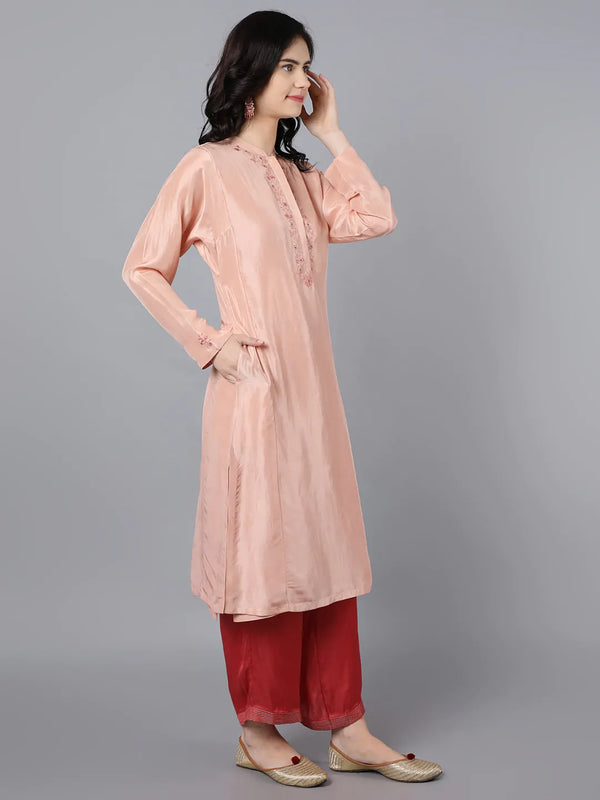 100% Cupro Silk Kurta with embroidery around placket
