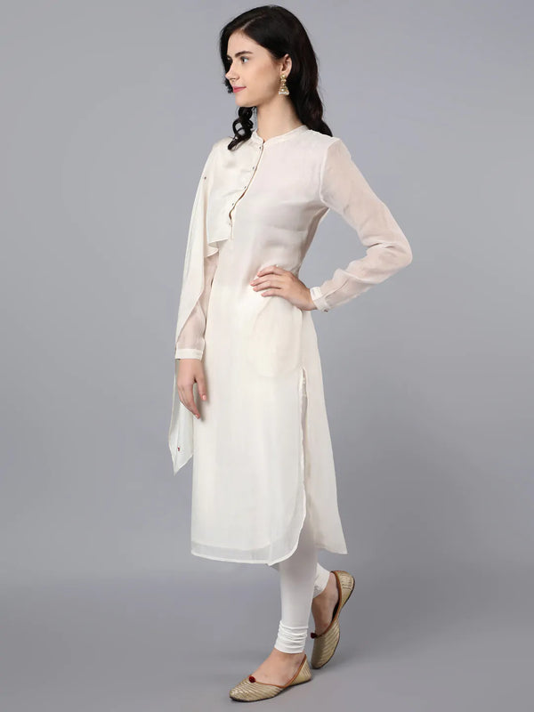 Chanderi kurta with 100% cupro silk drape. Paired with churidar