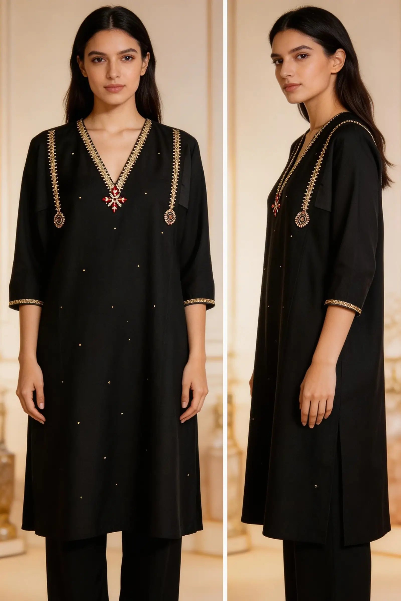 Cotton Black Kurta With Zari Embroidery