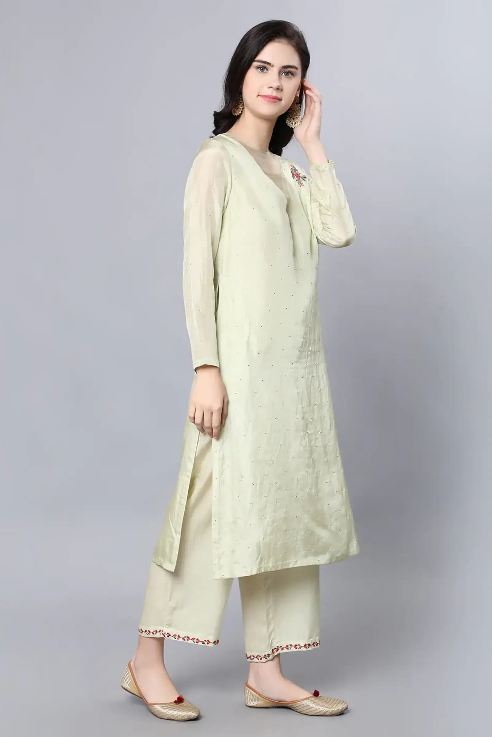 100% Cupro Silk kurta with organza and mukaish sprinkling