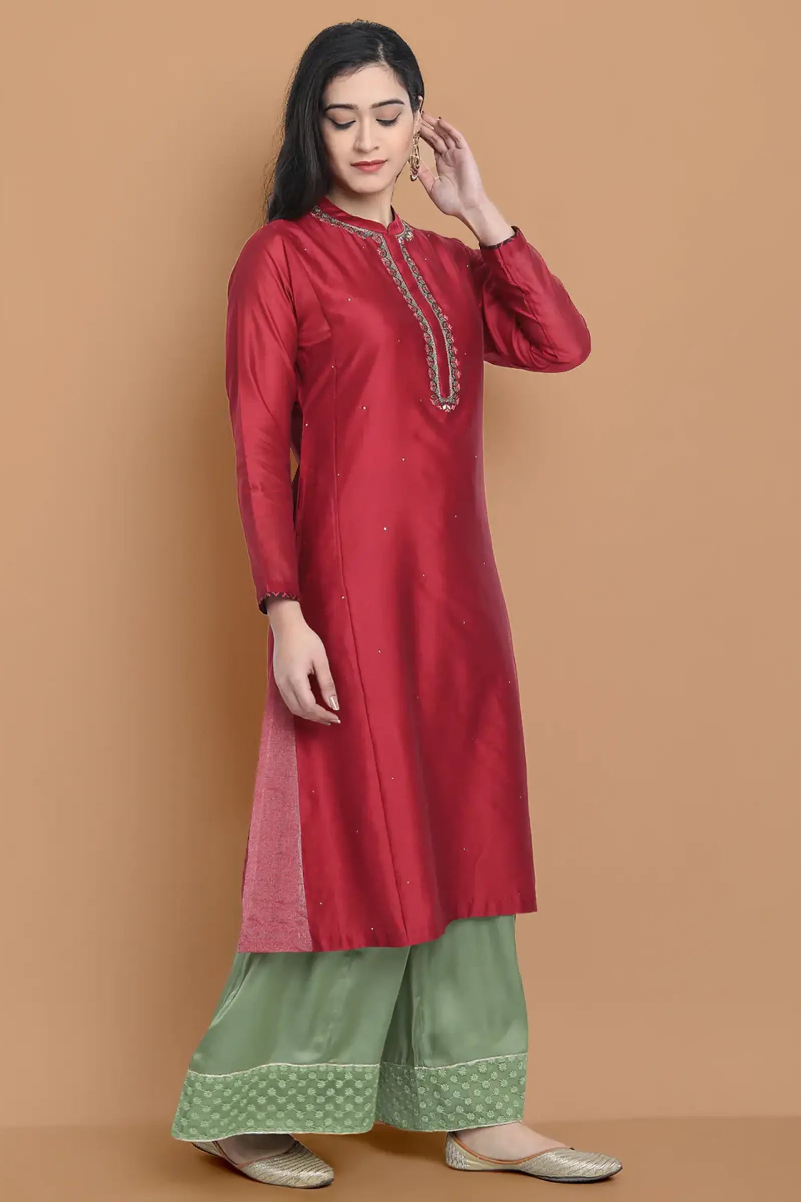 Hand embroidered silk chanderi kurta made on two tone chanderi , paired with modal satin wide farshi , highligted with hakoba lace