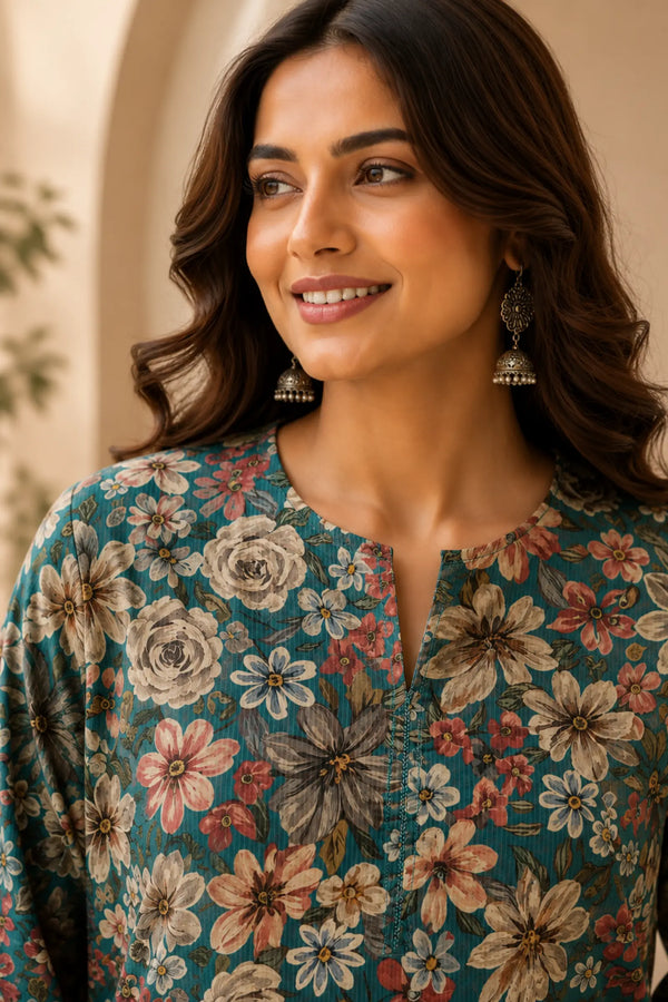 Ekiya Cotton Teal Blue Floral Print Kurta Set