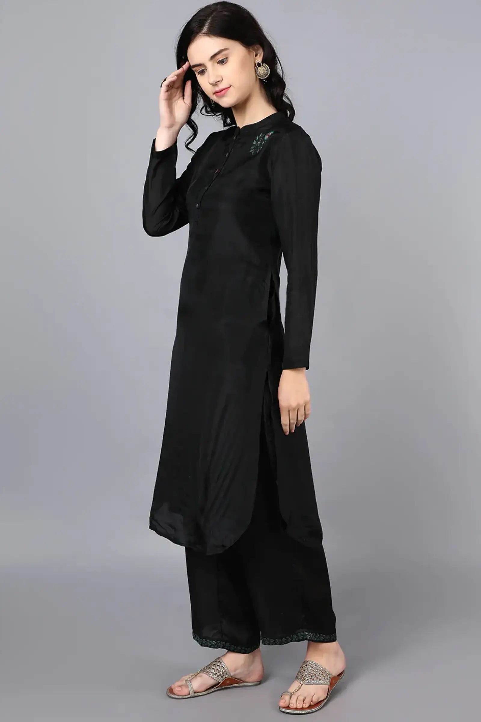Chanderi kurta black with hand embroidery on yoke paired with black trouser