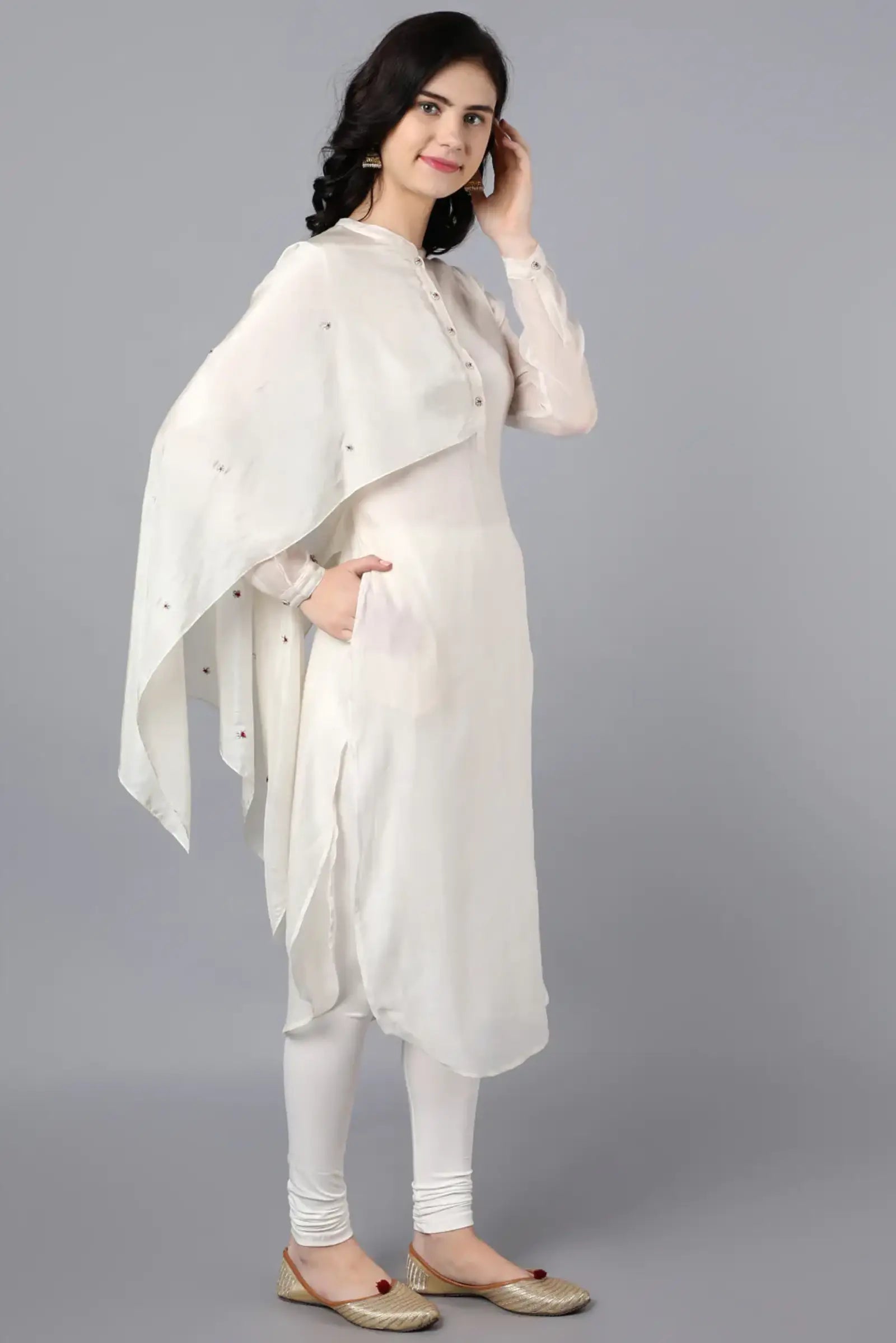 Chanderi kurta with 100% cupro silk drape. Paired with churidar