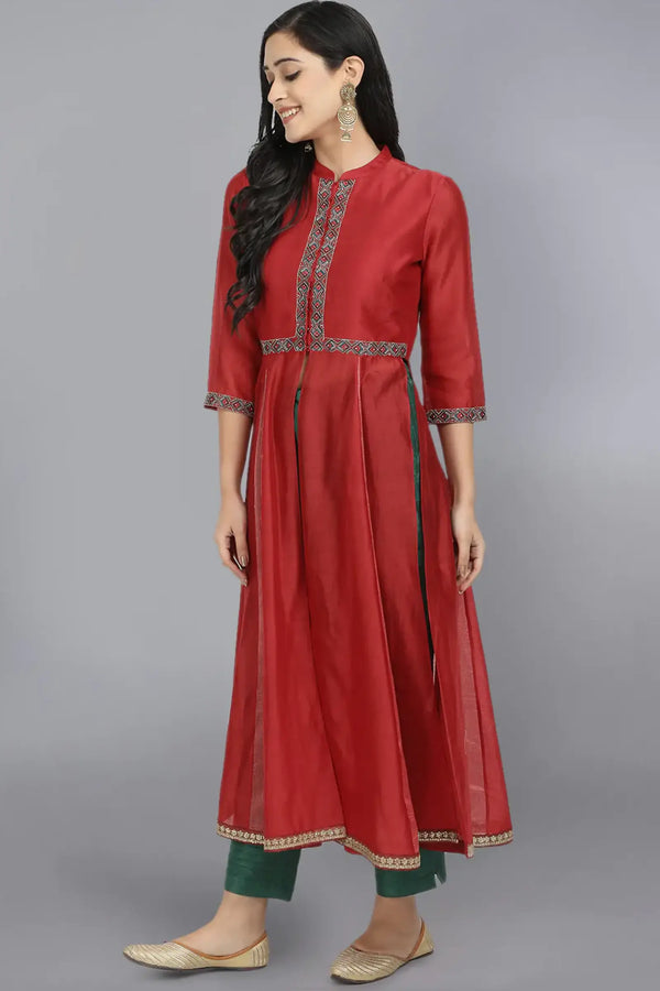Red Embroidered jacket Kurta