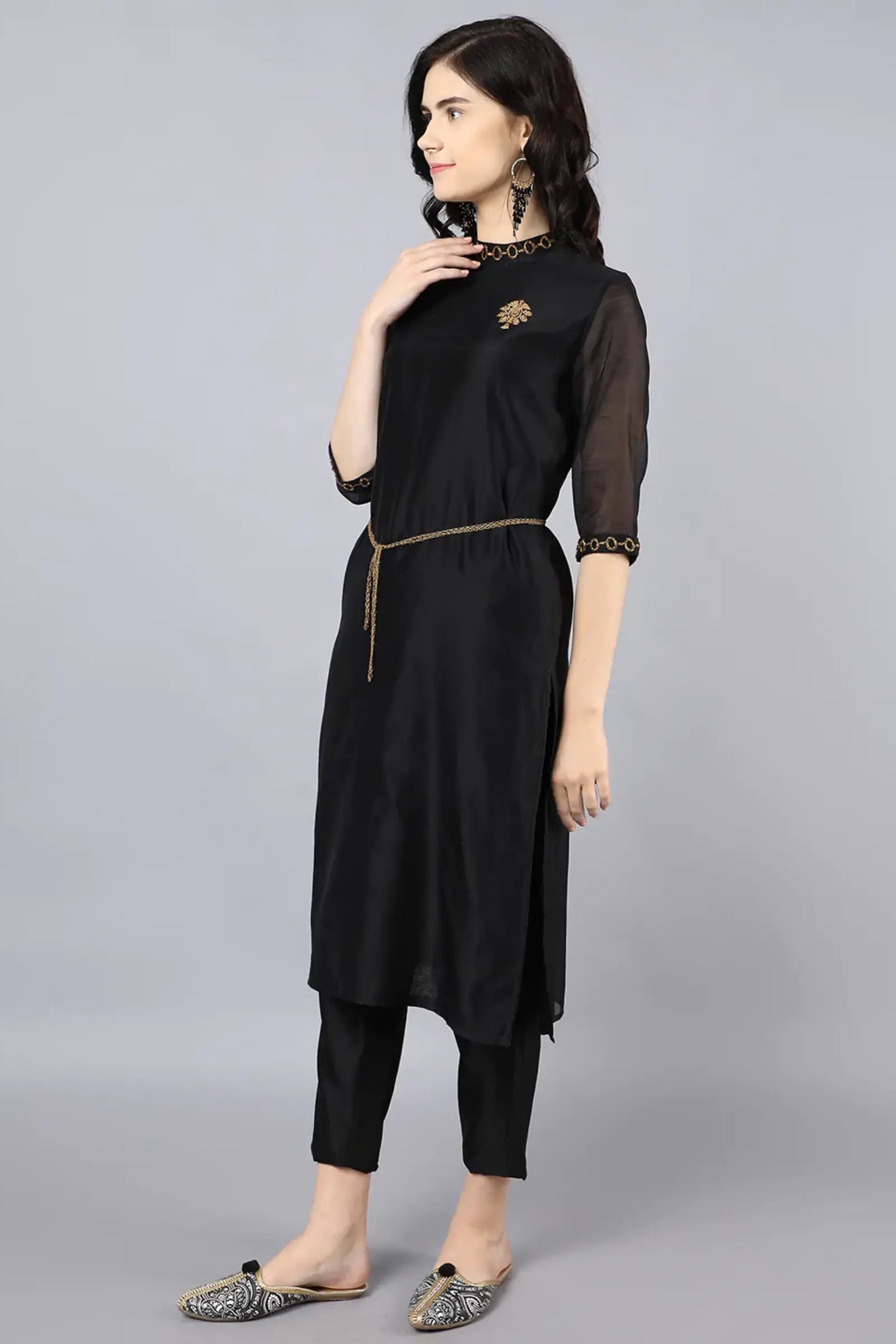 Chanderi kurta with dabka embroidery at neck and sleeves Paired with cotton pencil pant
