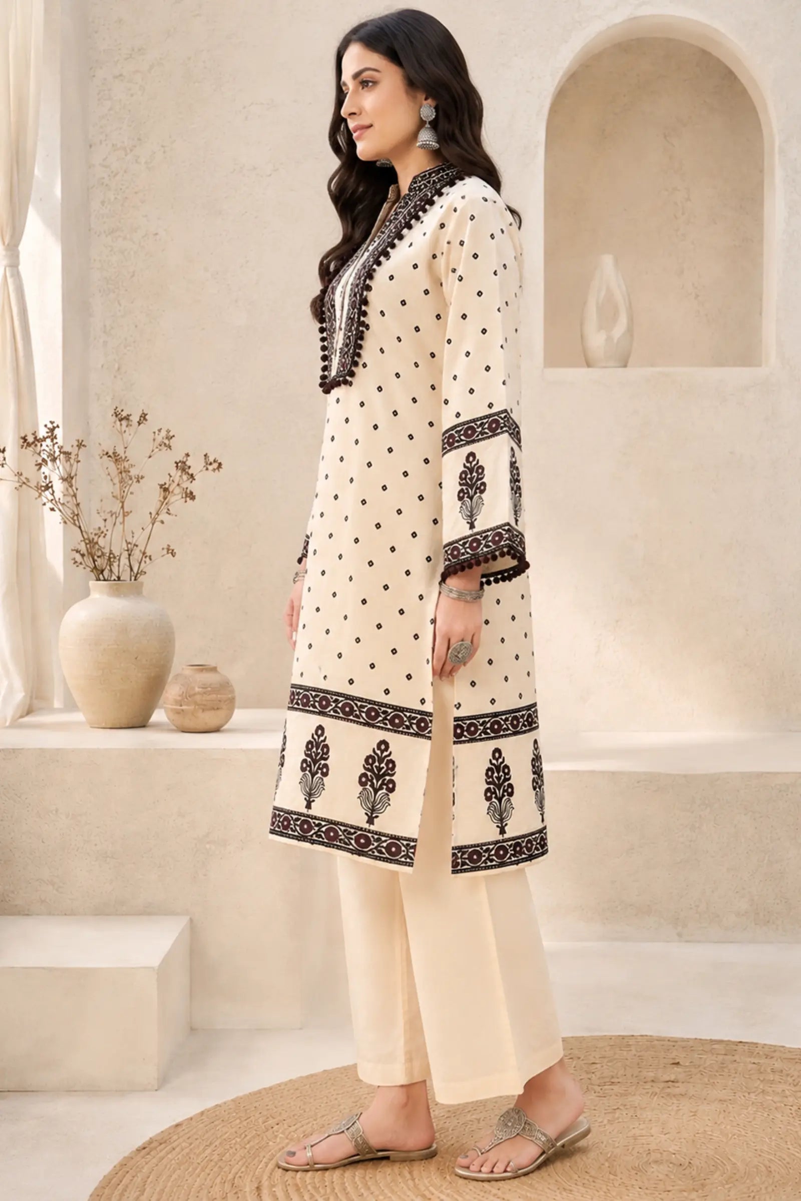 Hetvi Cotton Cream Base with Classic Black Ethnic Print Kurta Set