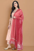 Yarn dyed chanderi kurta accentutated with hand machine embroidery on the textured shoulder yoke, paired with embroidered cotton trouser