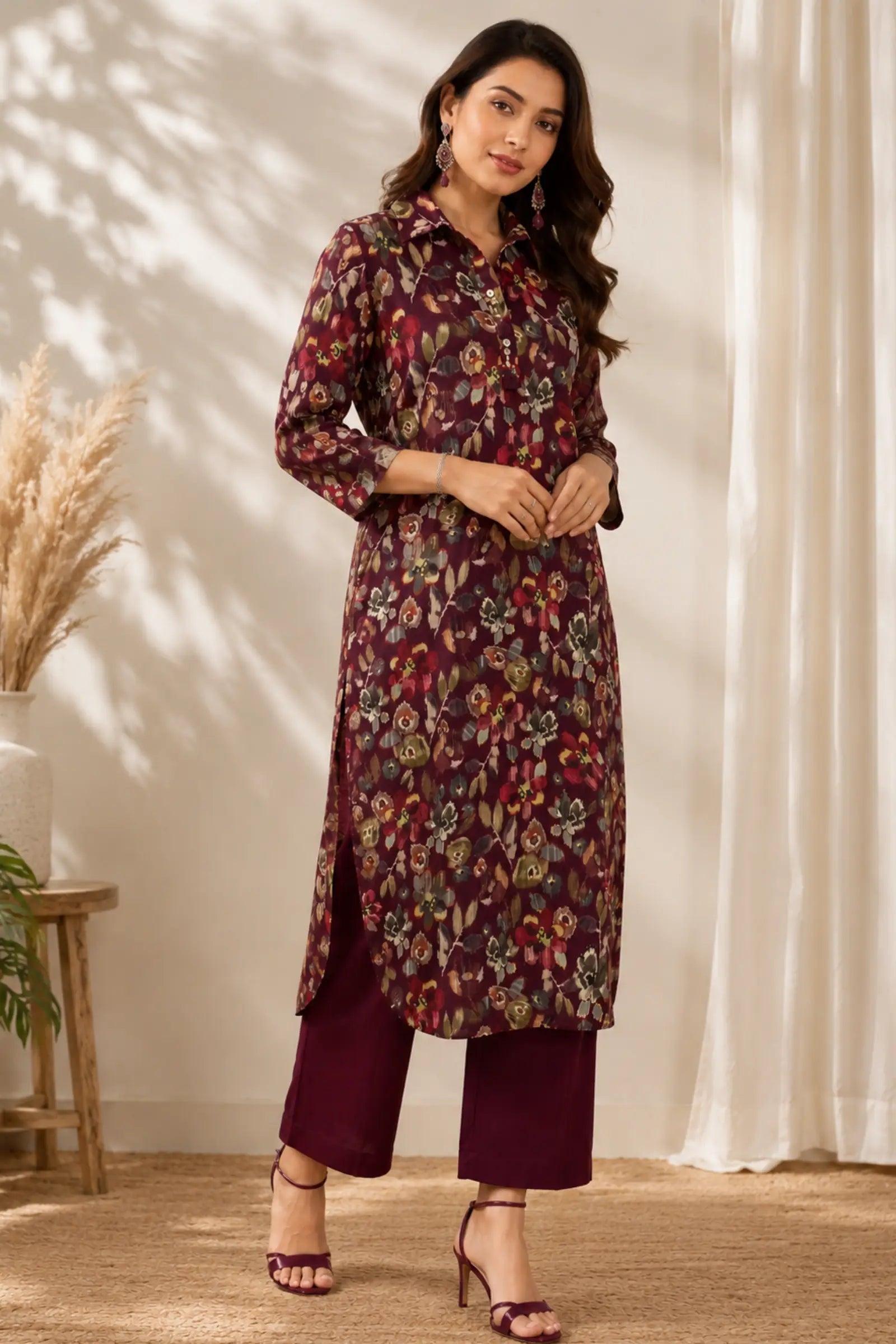 Edha Cotton Purple Floral Print Kurta Set