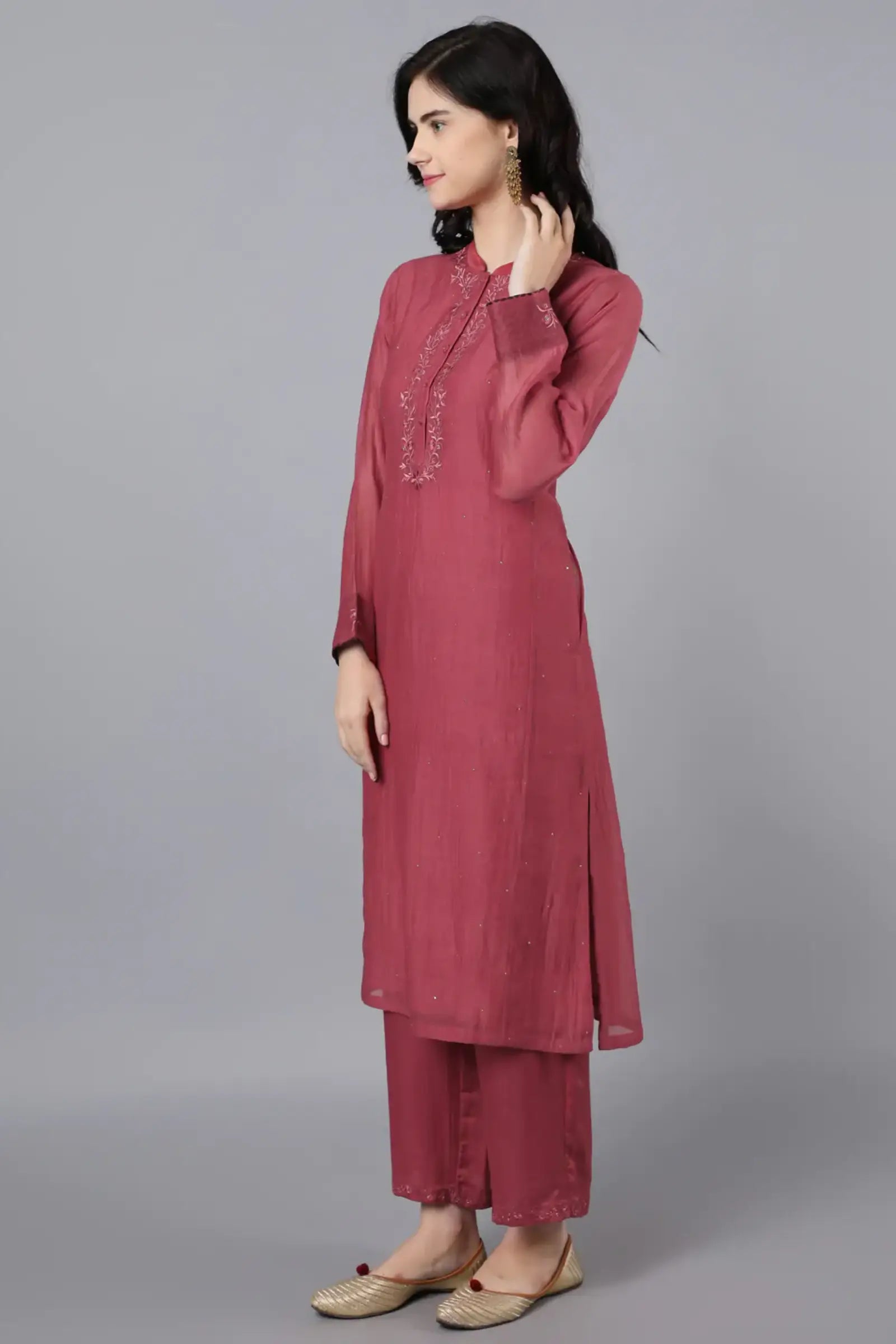 Chanderi kurta in brick red