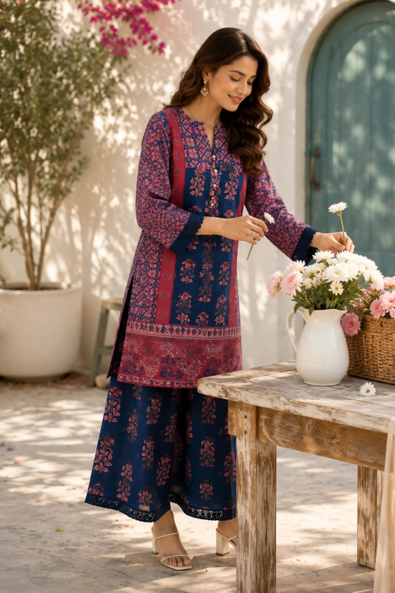 Nyla Cotton navy blue and rose pink ethnic floral print Co-ord Set