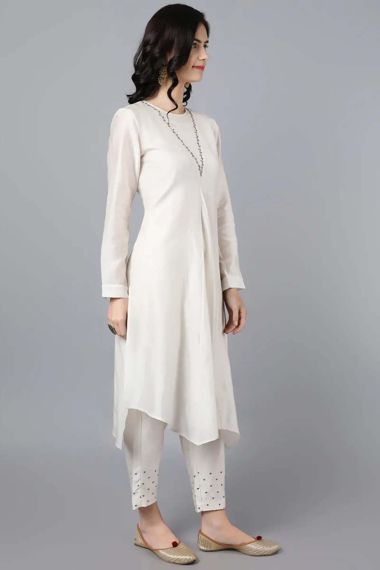 Chanderi Asymetric Kurta Ivory with hand embroidery on neck