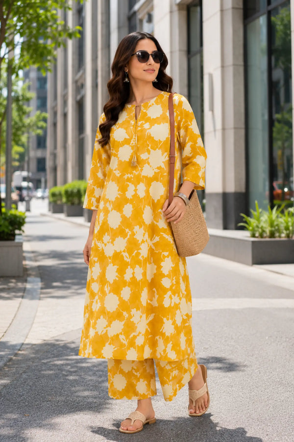 Bina Cotton Mustard Yellow Floral Print Kurta Set