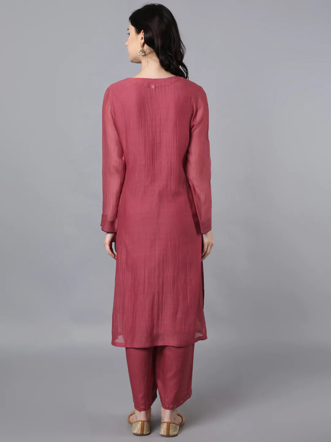 V neck chanderi kurta paired with farshi pant