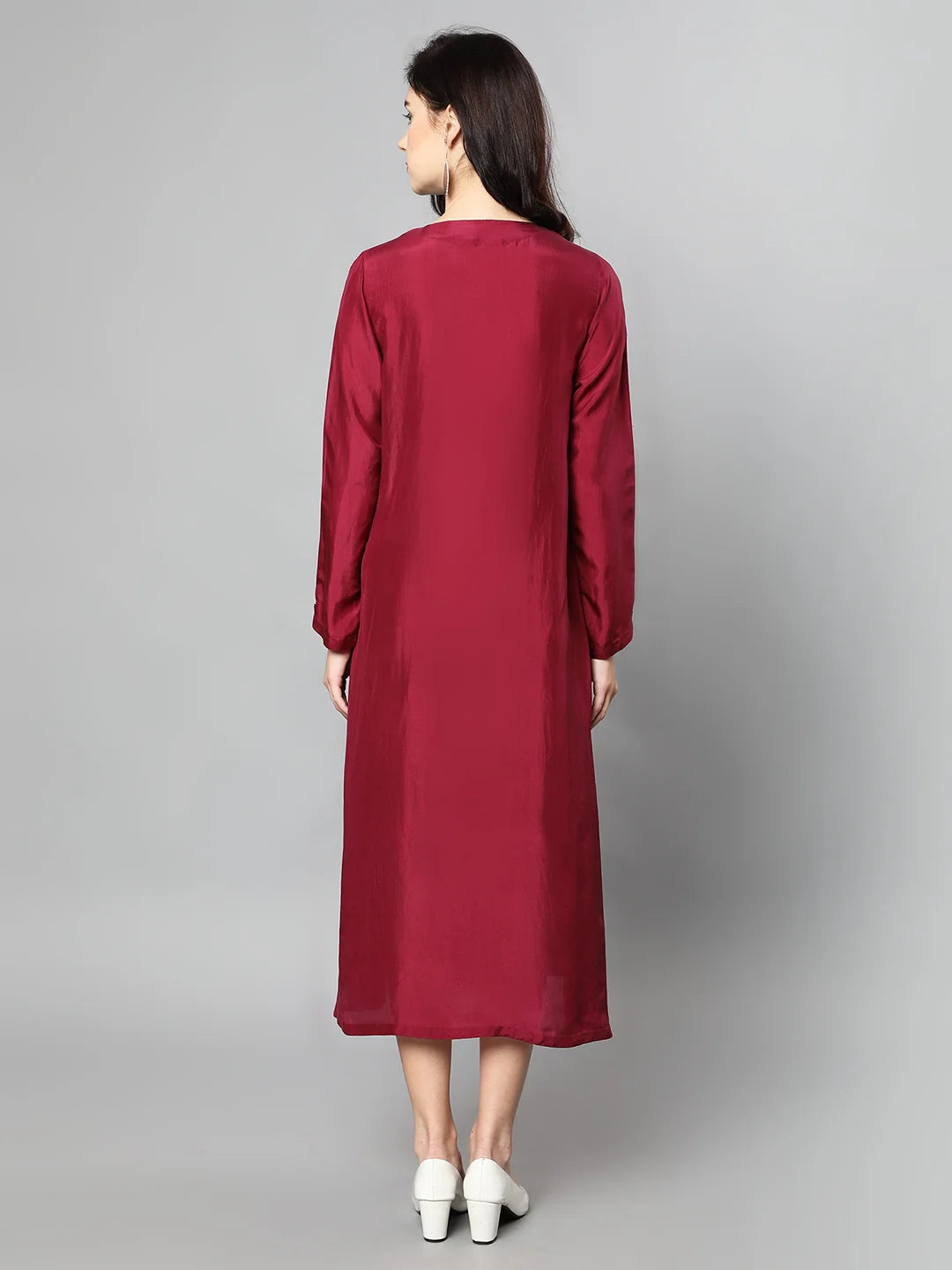 100%Cupro Silk Textured wine Dress with Floral embroidery on yoke and sleeves