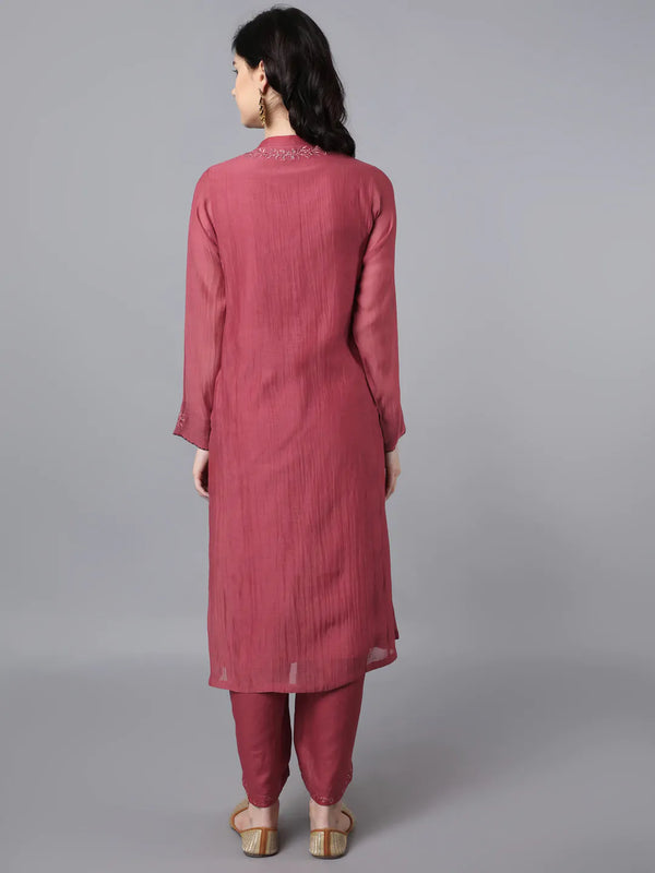 Chanderi kurta in brick red paired with farshi pants