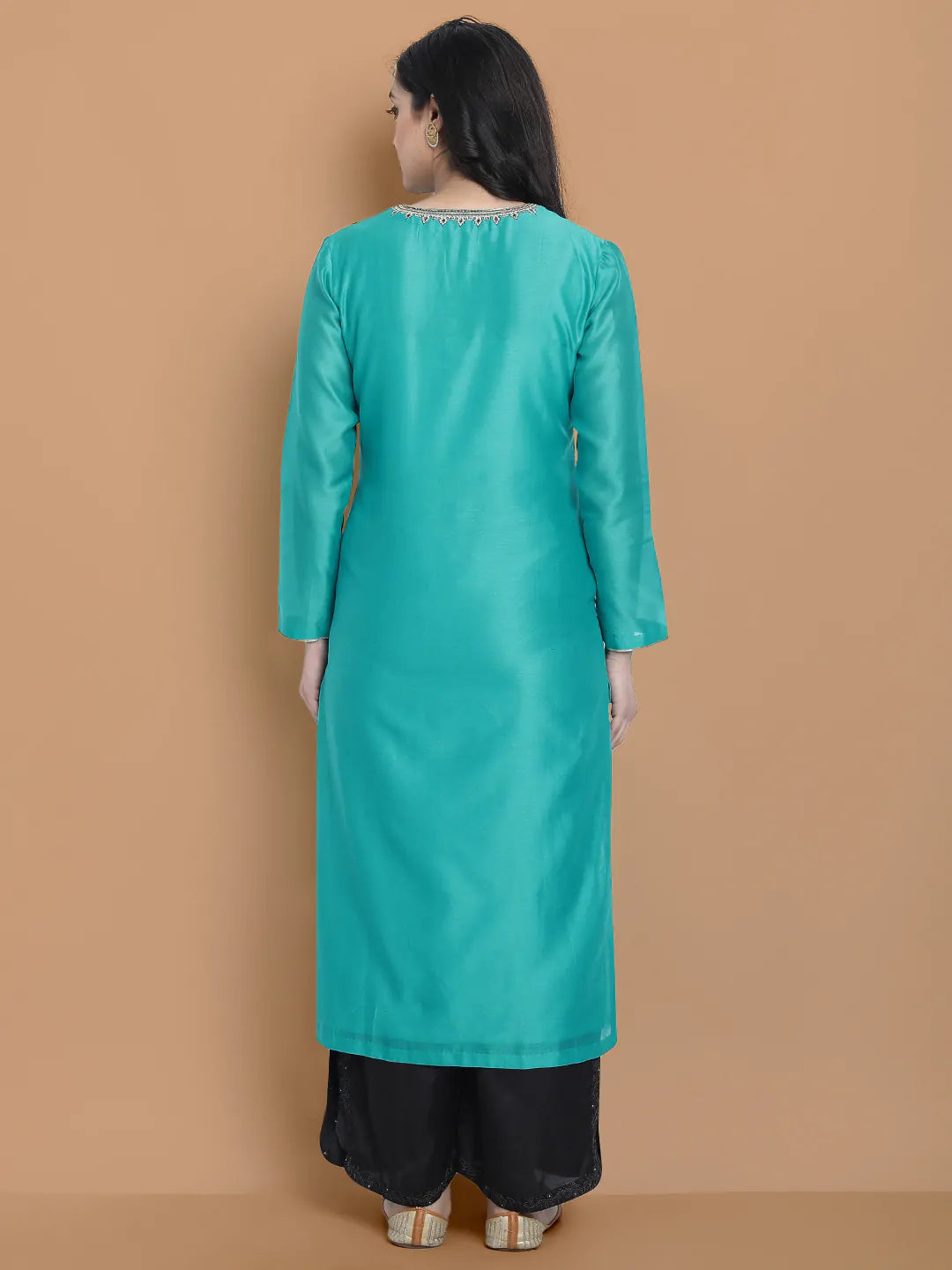 Royal blue silk chanderi kurta , accentuated with exquiste zari embroidery , mixture of hand and machine , sprinkled all over , paired with zari net dupata and modal satin slit plazo