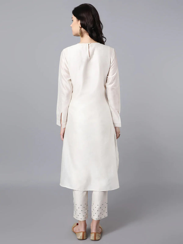 Chanderi Asymetric Kurta Ivory with hand embroidery on neck