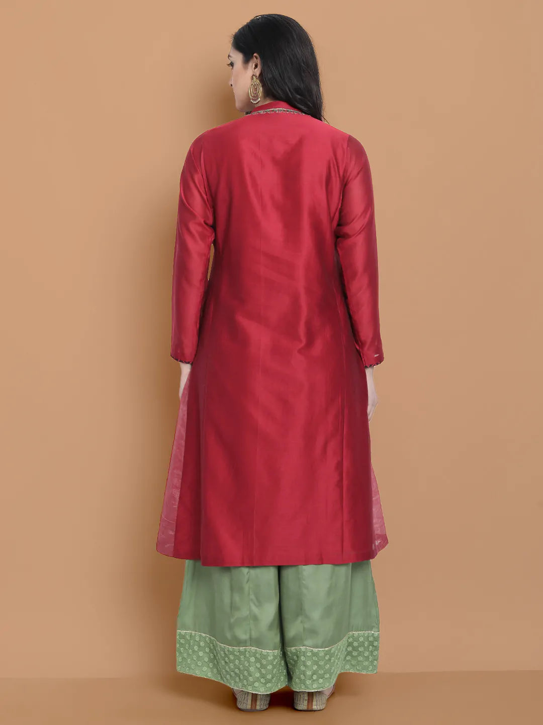 Hand embroidered silk chanderi kurta made on two tone chanderi , paired with modal satin wide farshi , highligted with hakoba lace